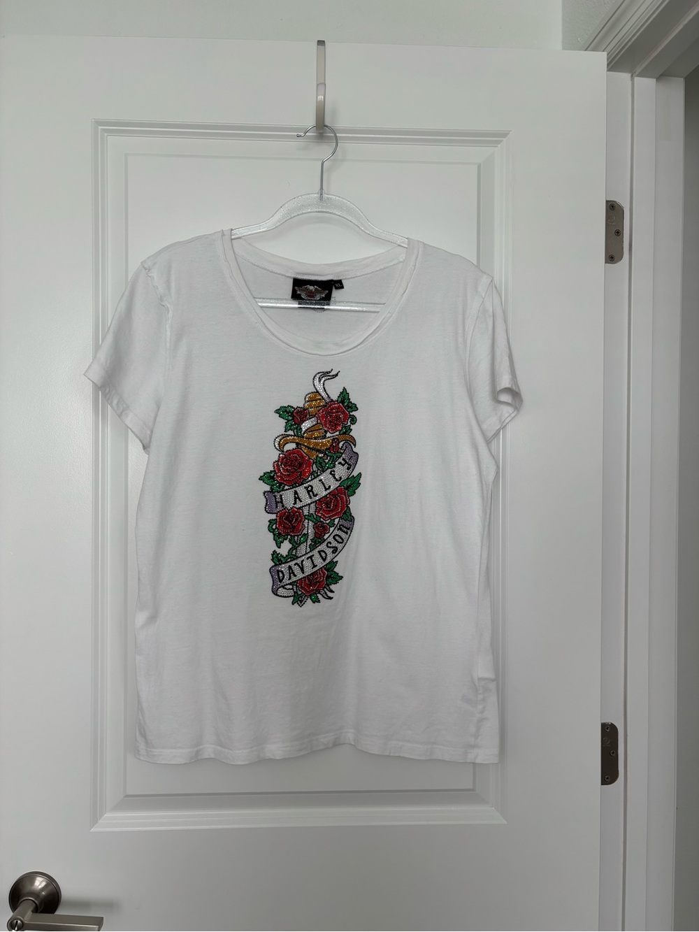 Harley-Davidson HD Women’s XL White Dagger Roses Rhinestone Graphic Tee
